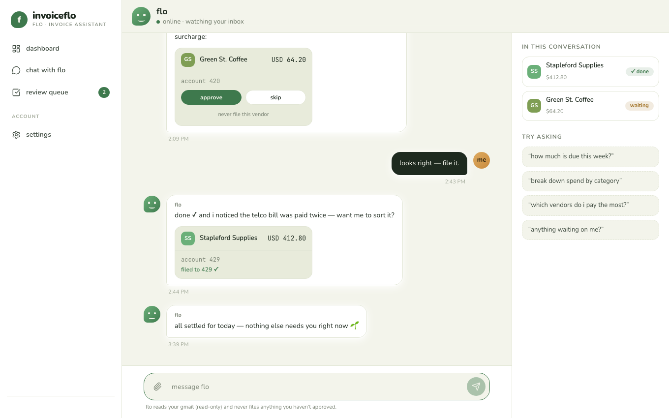 chatting with flo — an approval card inside the conversation